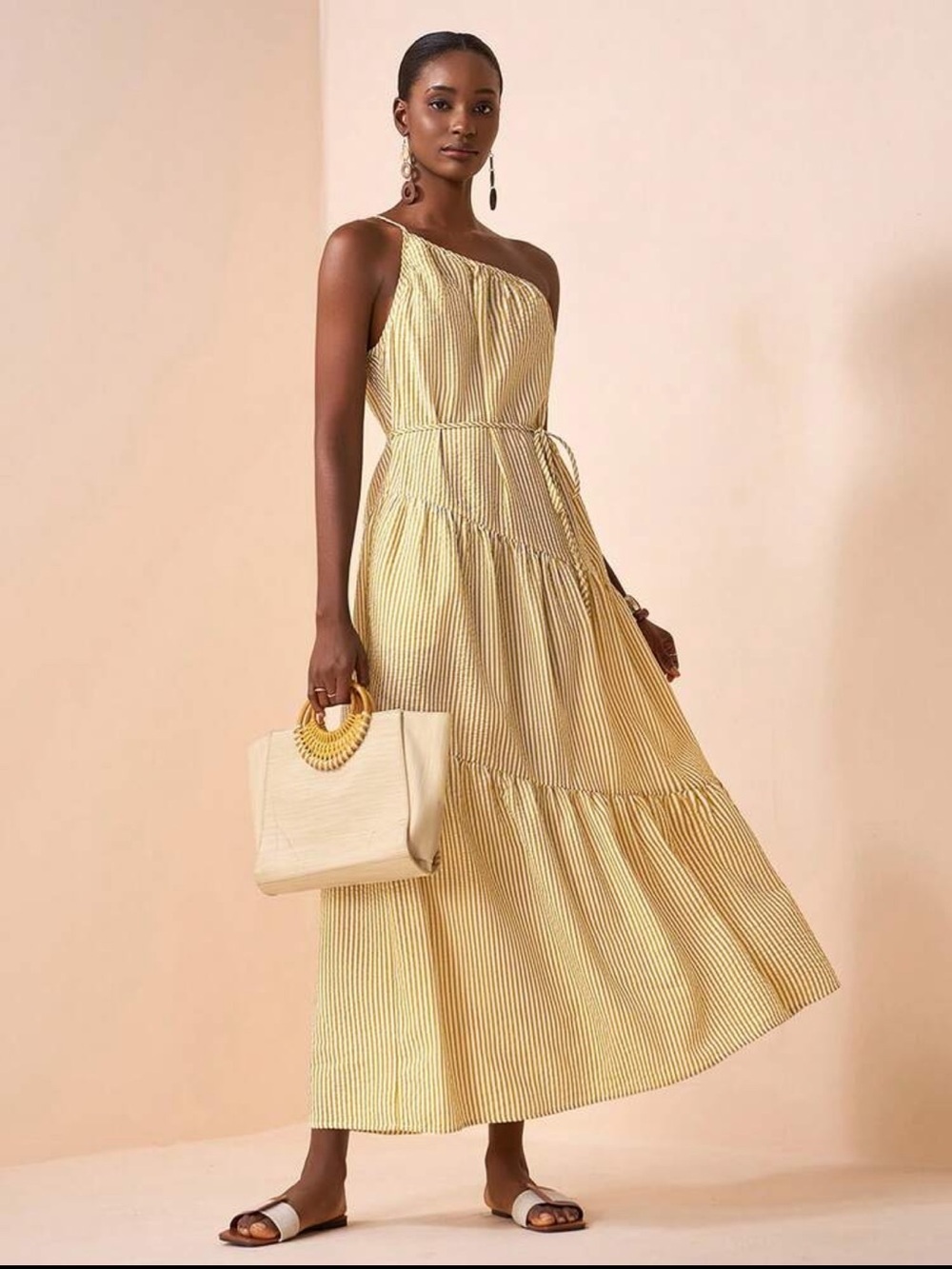 One-Shoulder Yellow Stripe Maxi Dress - Picture 3 of 9